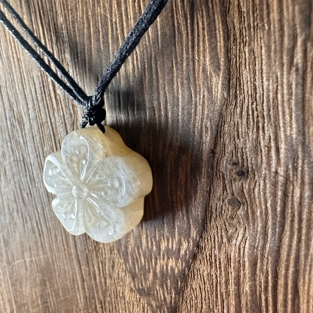 Small Moonstone Flower Pendant Necklace on Black Rope, Subtle Blue Flash - Picture 2 of 15
